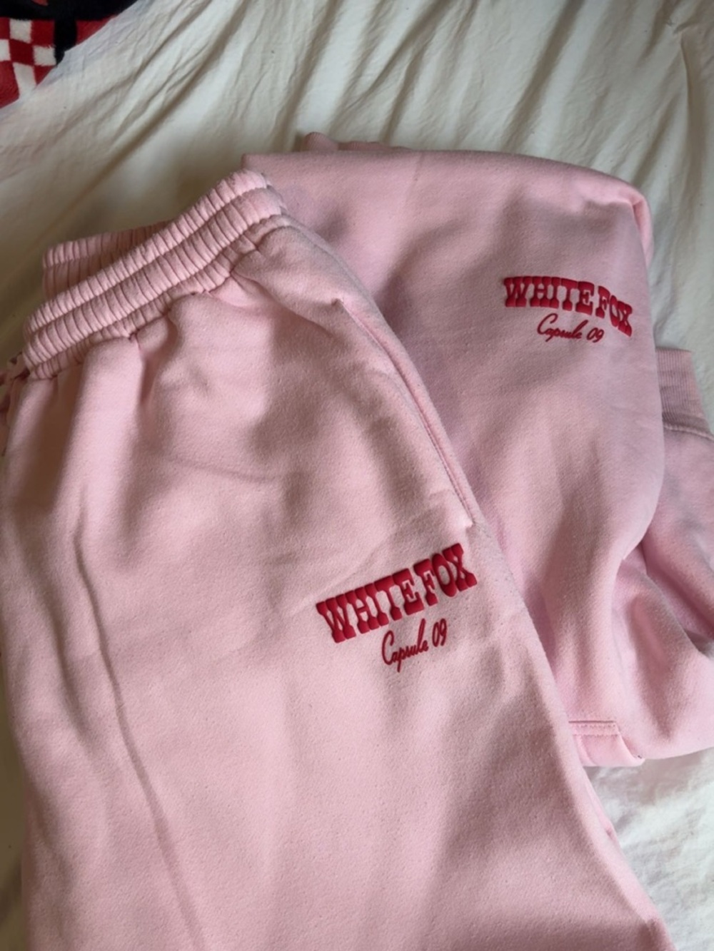 White Fox Boutique Pink Sweater Set with Red Embroidery